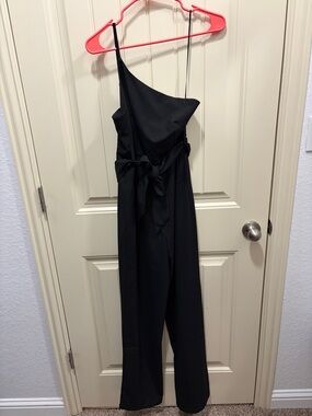 Pink Lily Black One-Shoulder Jumpsuit with Waist Tie
